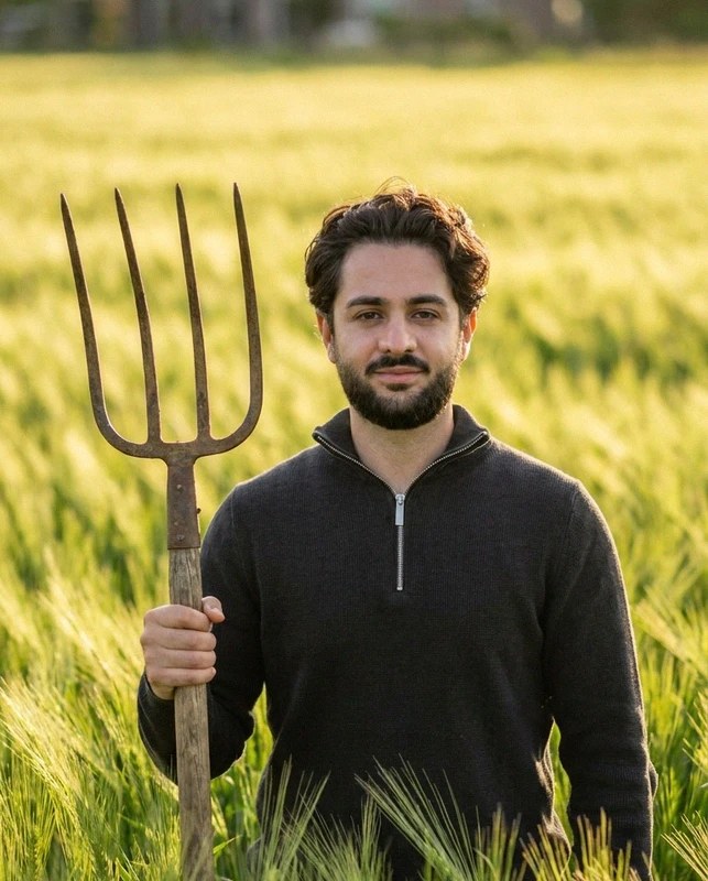 Ozan Ilgic mit einer Heugabel in einem Getreidefeld